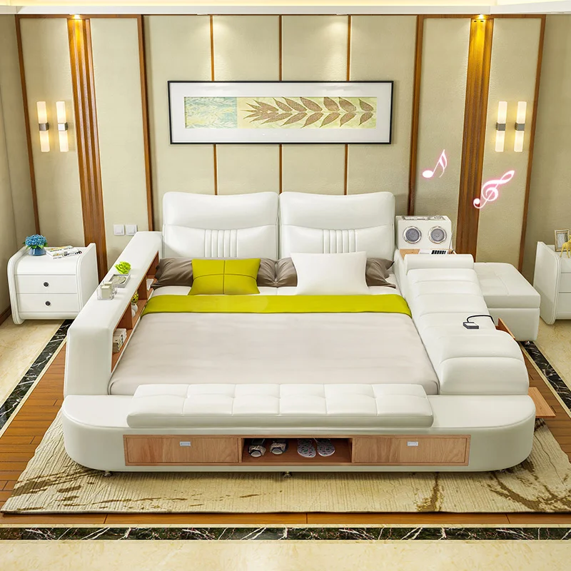 Turkish Bed Room Furniture with Bed Metal Railings Frame Wood Frame Light Luxury Leather Escamotable Lit Folded Bed Double