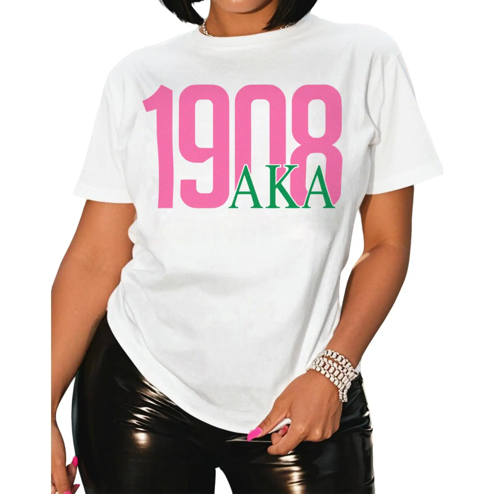 

1908 Sorority T-Shirt - Pink and Green, Breathable, Short Sleeve, Round Neck, Apparel, Ideal for Founders Day and Holiday Parti