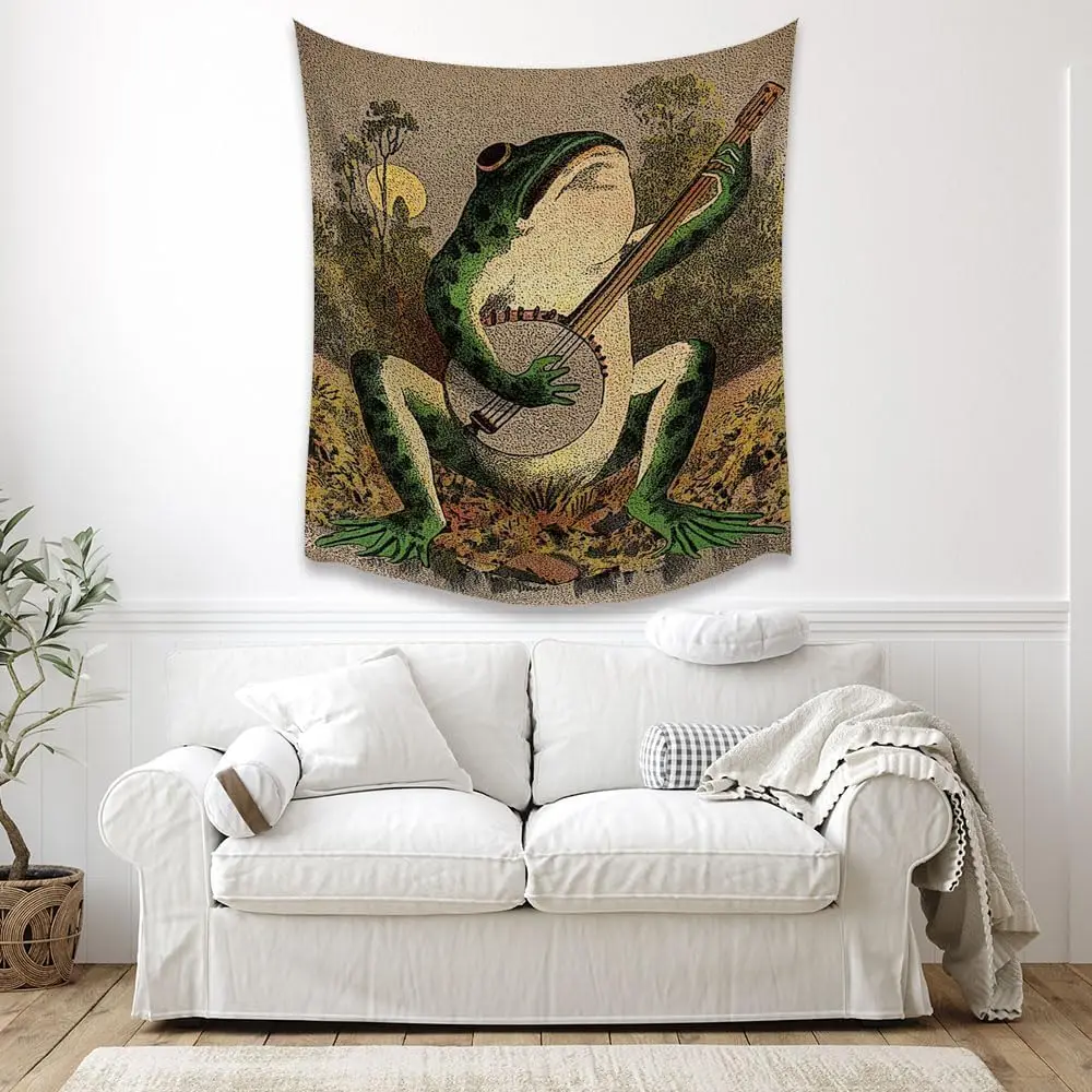 Hannahcos Boho Wall Decor Orange Frog Tapestry, Vintage Frog Playing Banjo Aesthetic Wall Hanging for Bedroom, Living Room & Dor