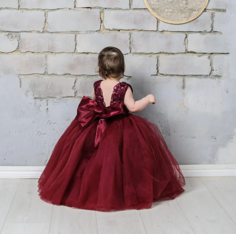 Burgundy Flower Girl Dress Beaded Lace Tutu Dress For Girls Toddler Tulle Dress Photography Regency Girl Dress Special Occasion