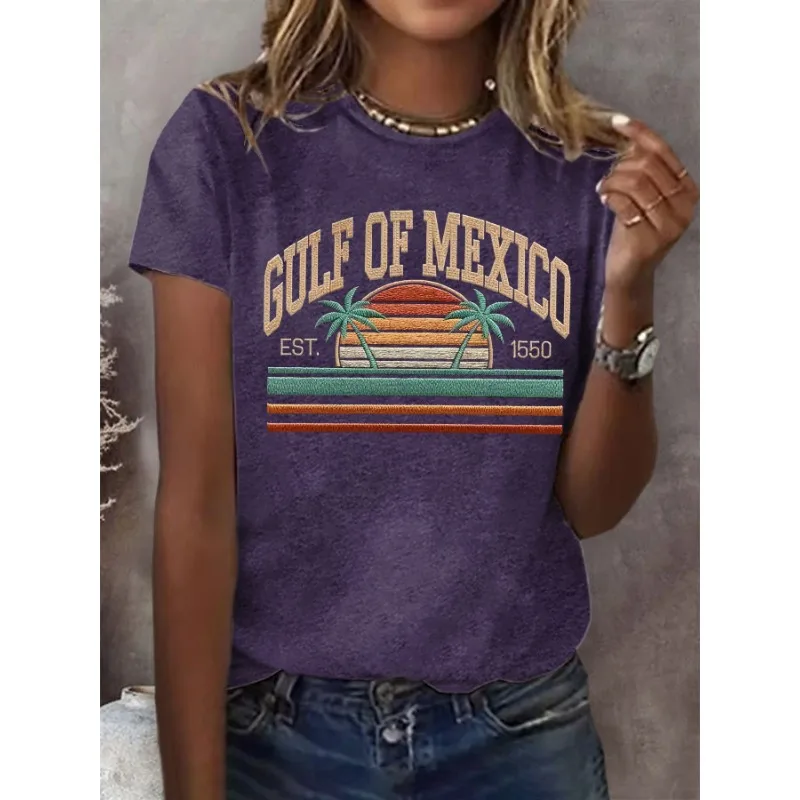 Women's Short Sleeve Gulf of Mexico Print T-Shirts Summer Tops Ladies Casual Round Neck Tees