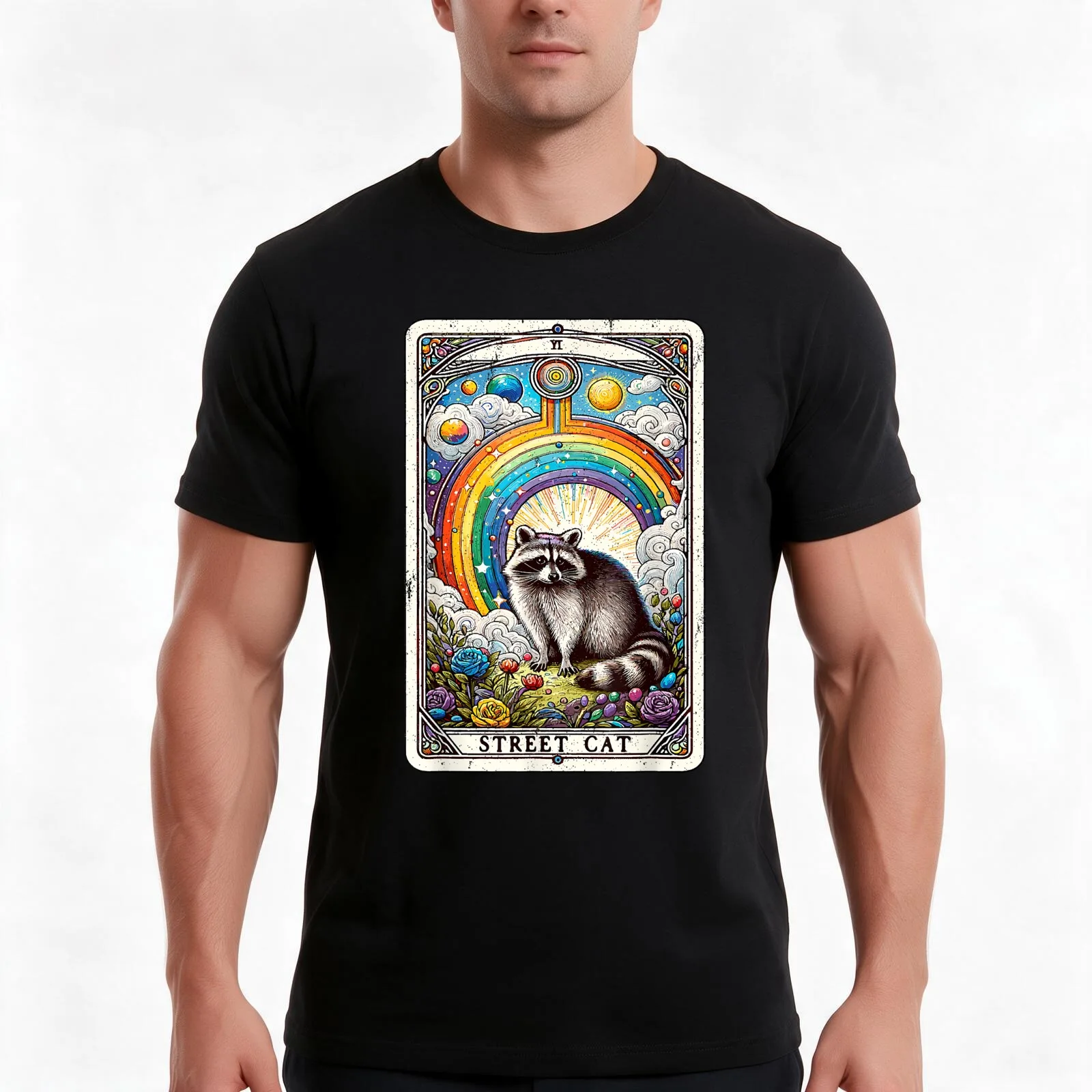 Raccoon Street Cat Tarot Card Rainbow Racoon Witchcraft Possums T-Shirt, Summer Casual Cotton Tee, Oversized Streetwear Tops