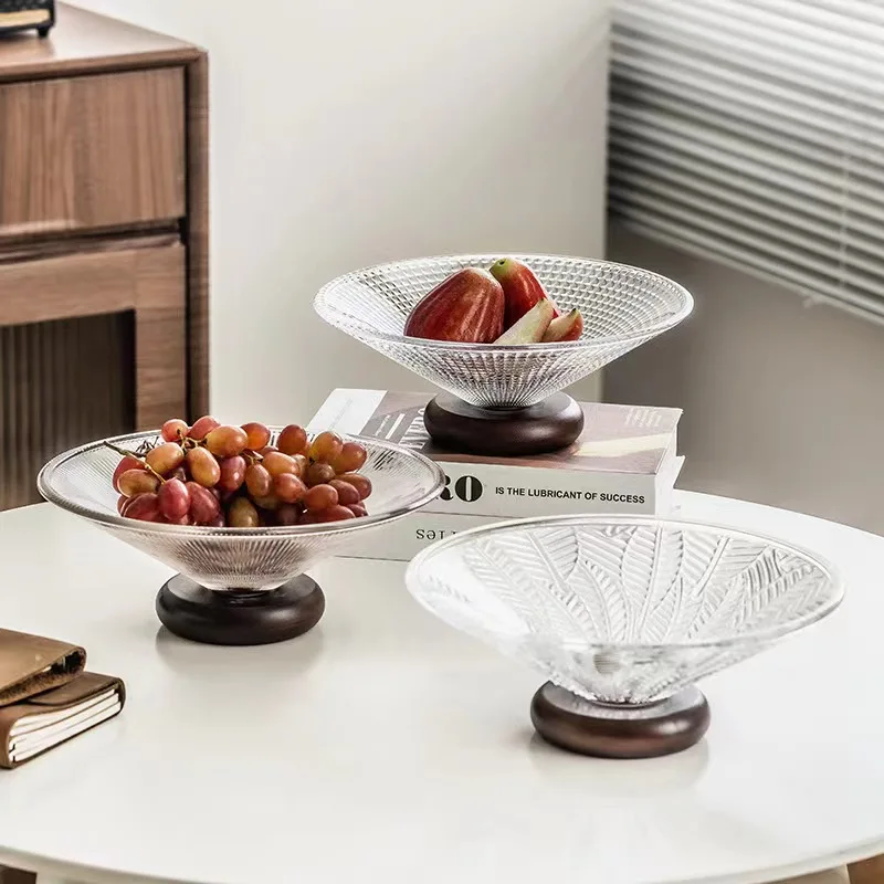 High-grade Light Luxury High Foot Glass Fruit Tray Rubber Wood Base