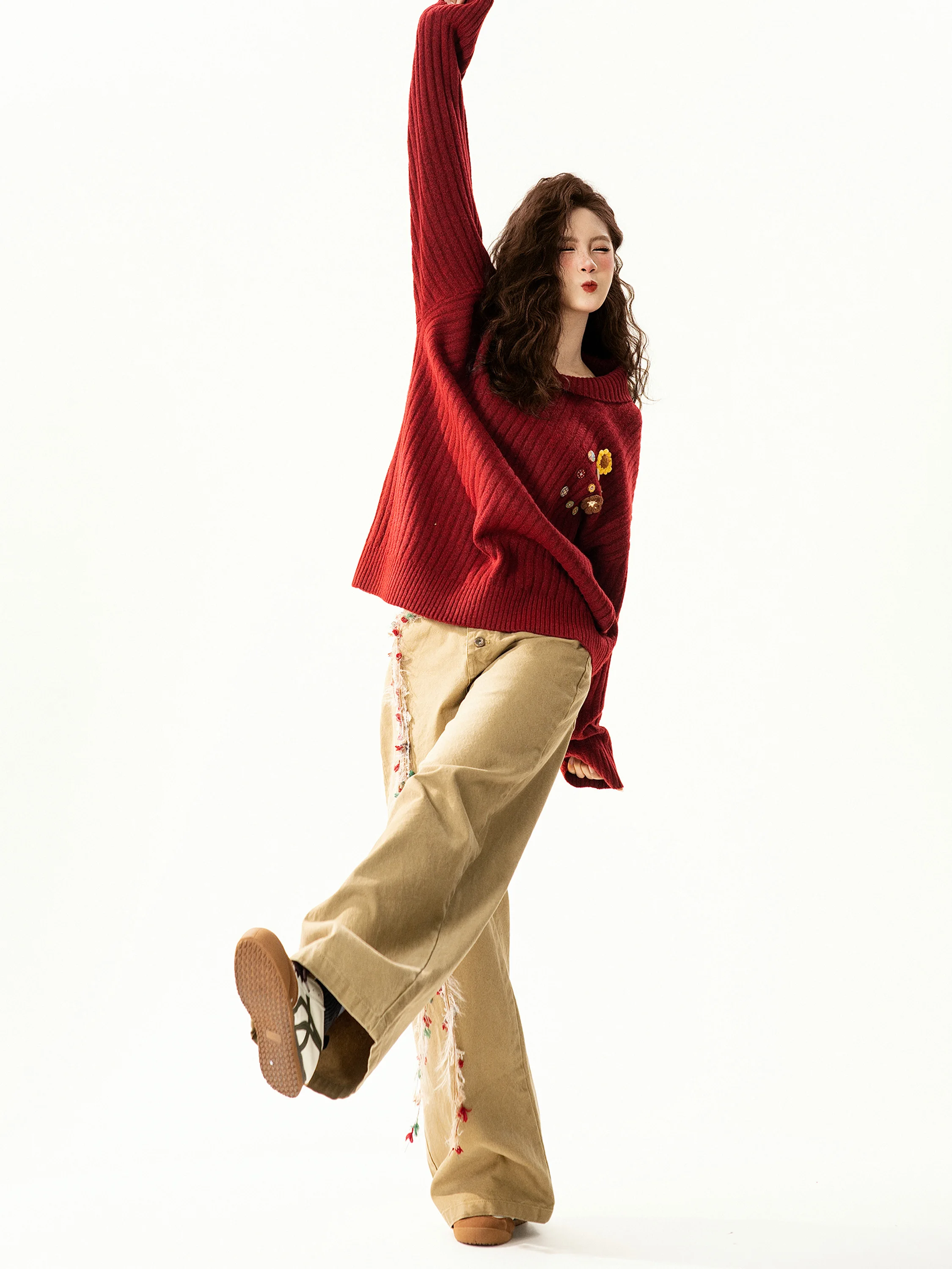 

Red Loose Women's Knitted Sweater Autumn Winter Floral 3D Design Lazy Sle Faionable Casual Commute Sle Long Sve Top