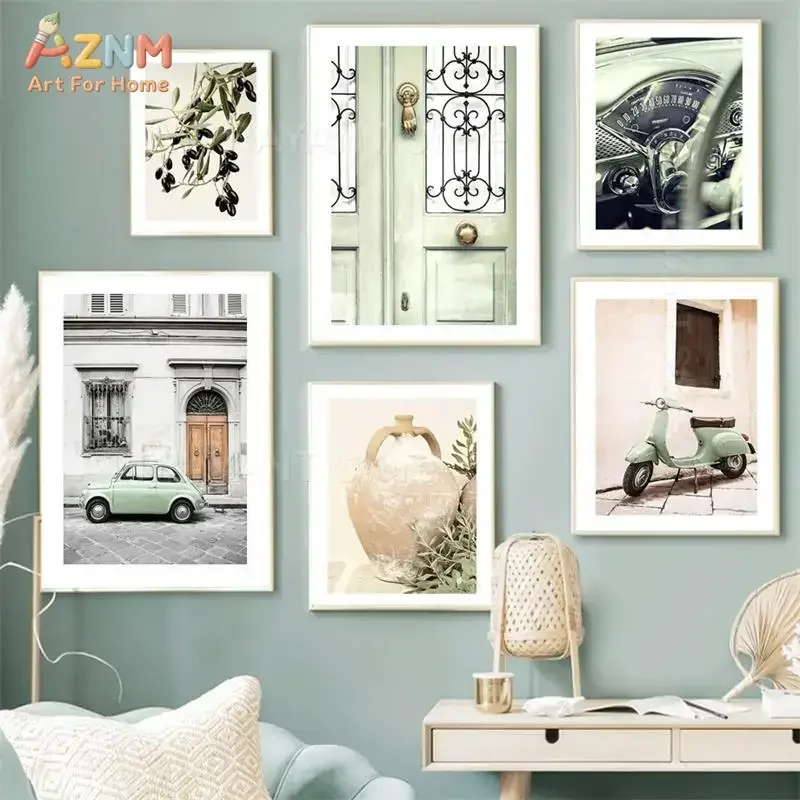 AZNM Mediterranean Rural Landscape Canvas Wall Art, Olive Branch Vintage Car Building Rustic Neutral Aesthetic Home Living Room