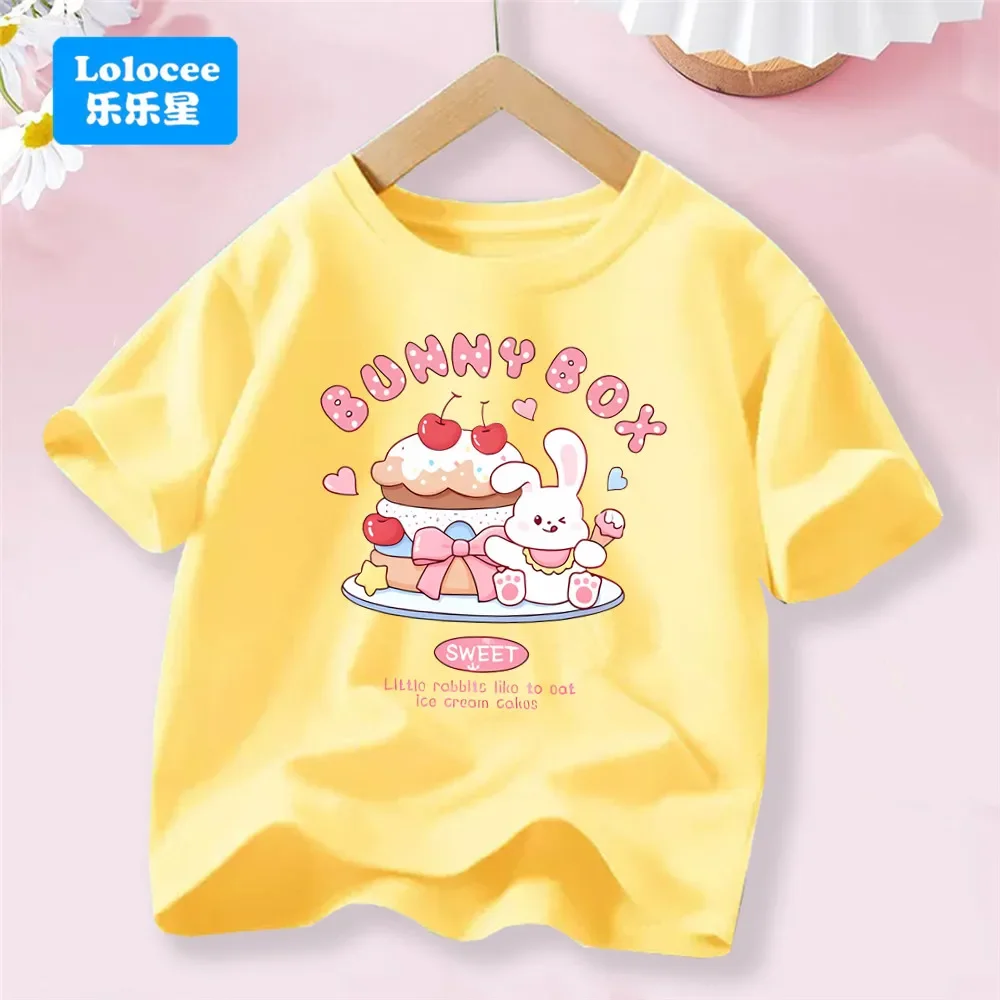 تي شيرت مطبوع عليه كعكة الآيس كريم الوردية من Sweet Day للفتيات ملابس أطفال ناعمة قابلة للتنفس بنمط أرنب ملابس على الطراز الحلو