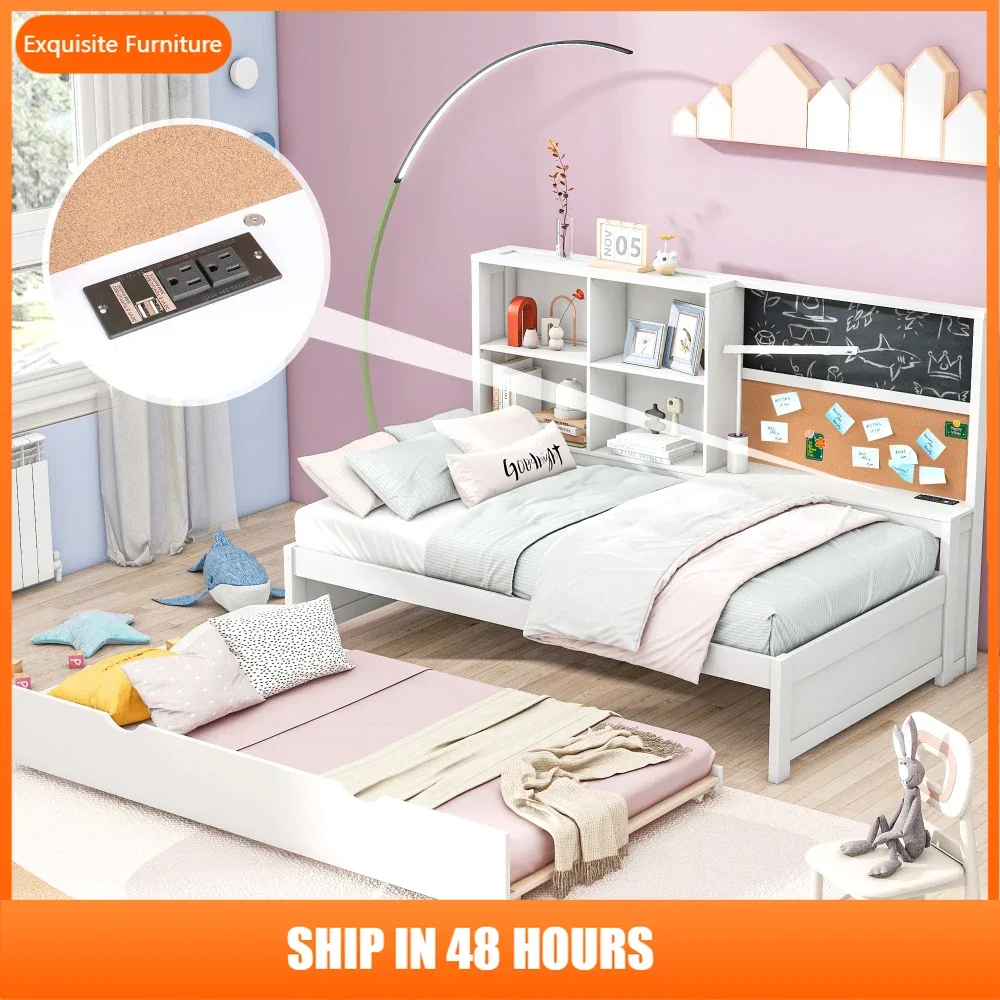 

Twin Size Daybed with Storage Shelves, Blackboard, Cork board, USB Ports and Twin Size Trundle, White