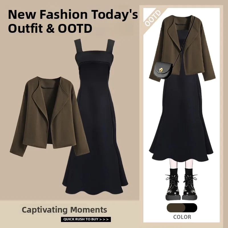 Ele Commuter High-End Terno Jaet Feminino Outono Inverno Novo Sle Cinto Strap Fi Tail Dr Conjunto de Duas Peças