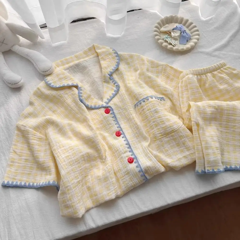 

Нежный летний пижамный комплект в клетку: тонкая домашняя одежда из 2 предметов, свободные шорты и рубашка для сна, для дома и улицы