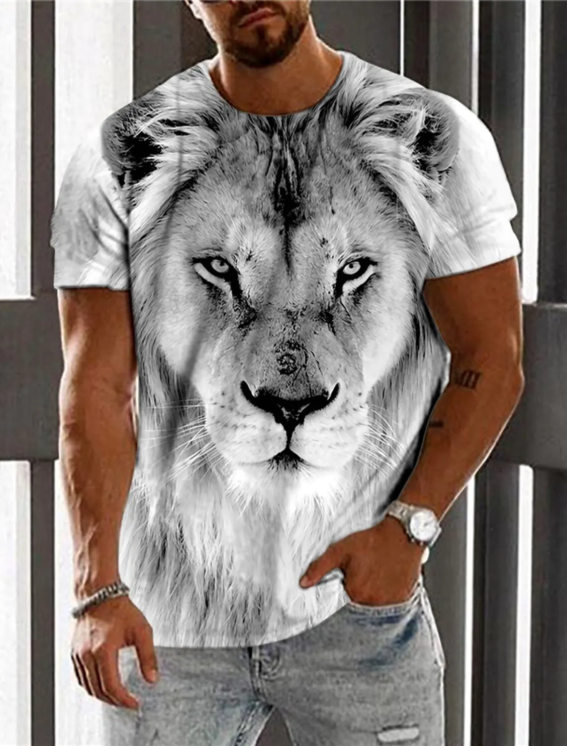 Men\'s Neutral T-Shirt Lion Print Round Neck Black and White 3D Printed Outdoor Street Short Sleeve Printed Clothing Sportswear