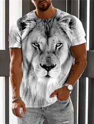 Men's Neutral T-Shirt Lion Print Round Neck Black and White 3D Printed Outdoor Street Short Sleeve Printed Clothing Sportswear