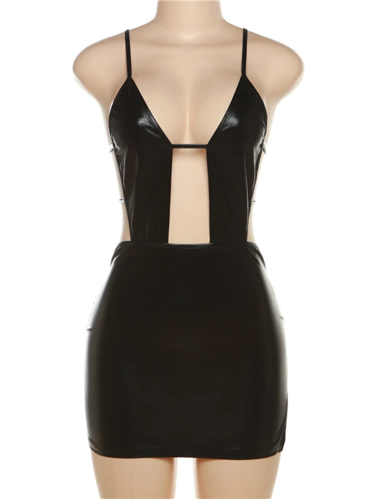 Mini vestido de couro de imitação de PU feminino, decotado, oco, bodycon fino, sem mangas, sem encosto, magro, noite, clube, festa