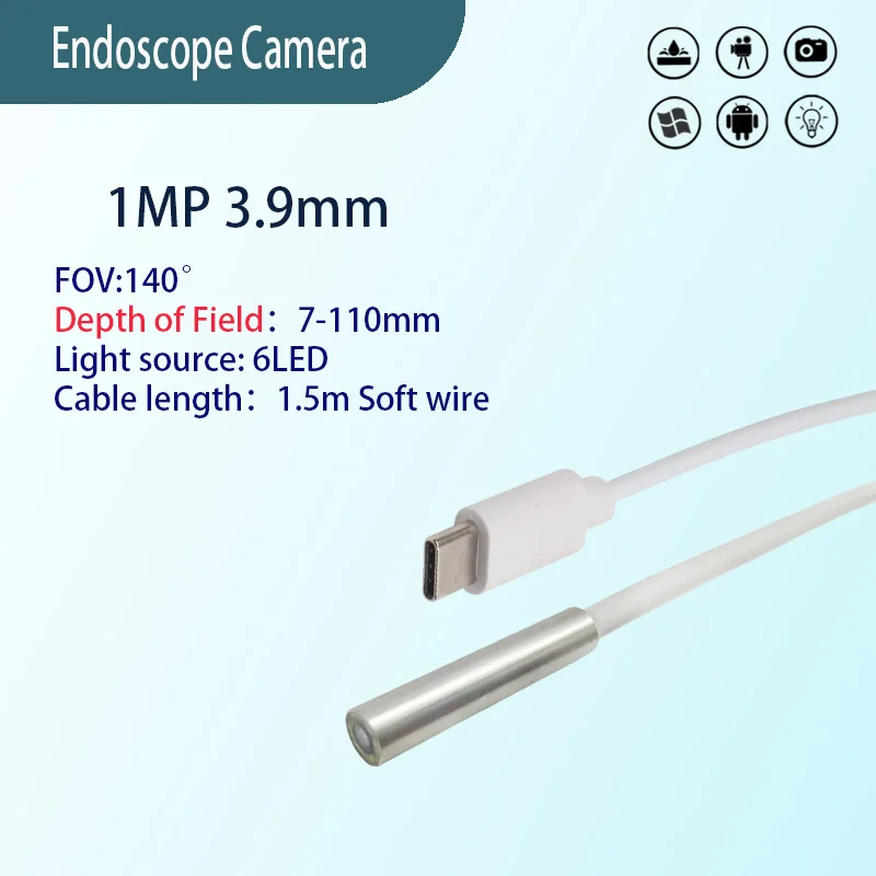 

1MP 3.9mm 140° Wide Angle Endoscope Camera Industrial Pipeline Inspection 1.5m Type-c Android Soft Cord endoscope camara