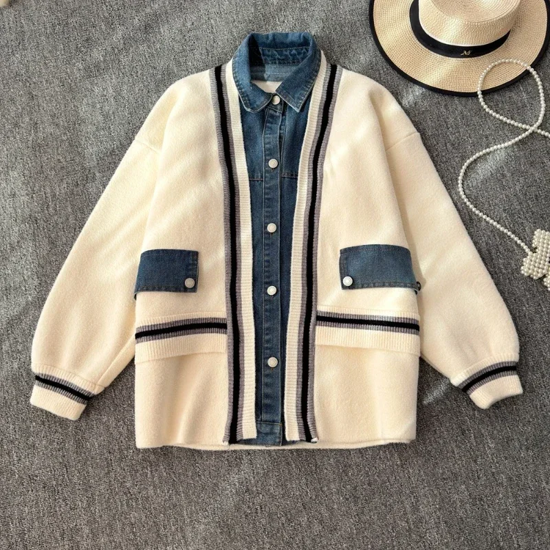 Autumn High-quality Pure Cotton Retro Style Patchwork Cardigan Sweater Denim Women\'s Woolen Coat Fashion Elegant Loose Top Coat