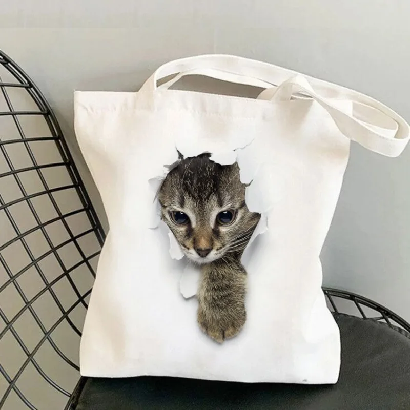 

Cute Cat Print Canvas Tote Bag with Hole Design Fashion Reusable Shopping Shoulder Handbag for Women Casual Eco-friendly Stylish