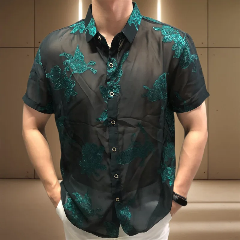 Men Transparent Shirt See Through Mesh Shirt Club Party Prom Chemise 2025 Homme 4xlNew Sexy Lace Shirt For Male Club Party Shirt
