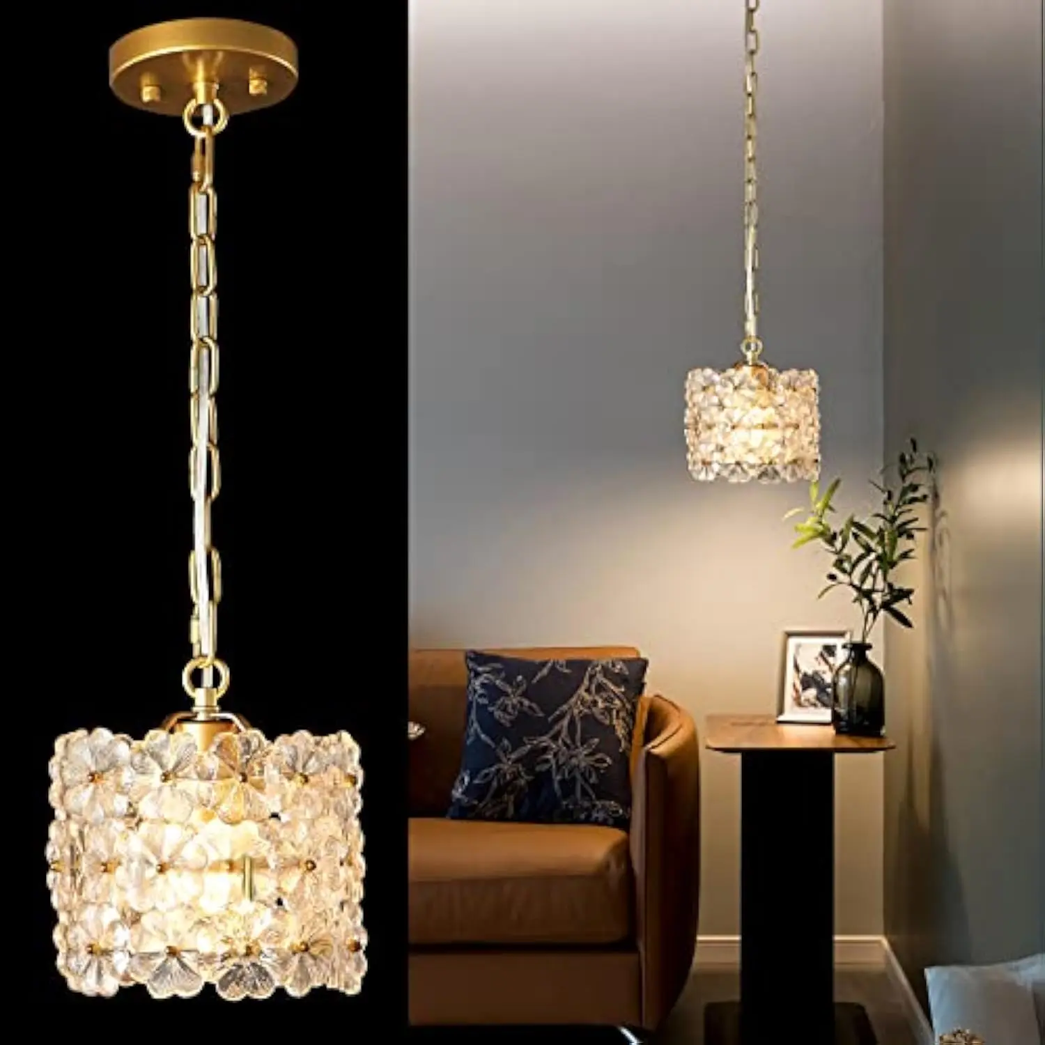 

Crystal Pendant Light, Gold Adjustable Hanging Ceiling Light Fixture Modern Pendant Lighting for Kitchen Island, Dining Room, L