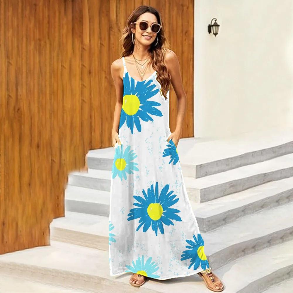 Elegant Long Dresses Summer Slim Basic Dress Sleeveless Tops V Neck Evening Party Y2K Clothes Women's Daisy Printed Dresses 2024