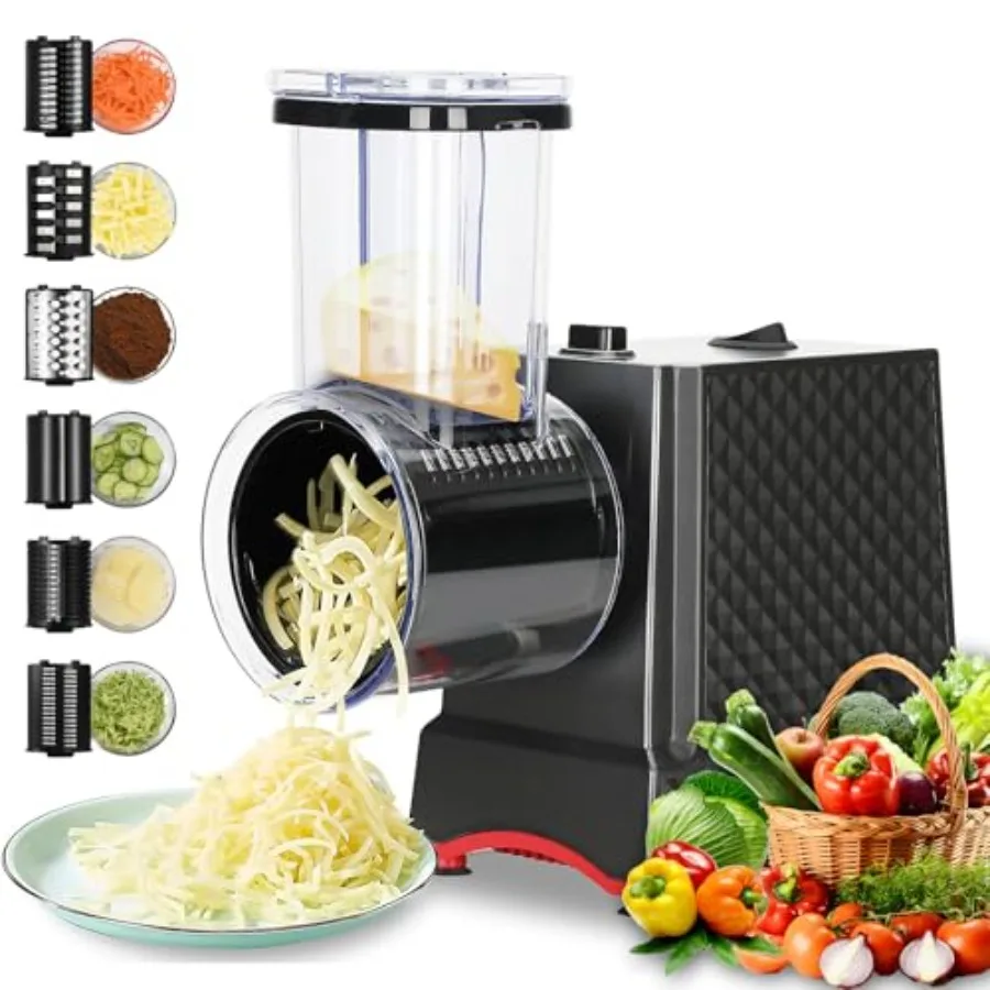 Rallador Eléctrico de Queso y Cortador Eléctrico con 6 Cuchillas, 250W, Triturador de Ensaladas con Entrada Ampliada y Dispensador Automático de Vegetales
