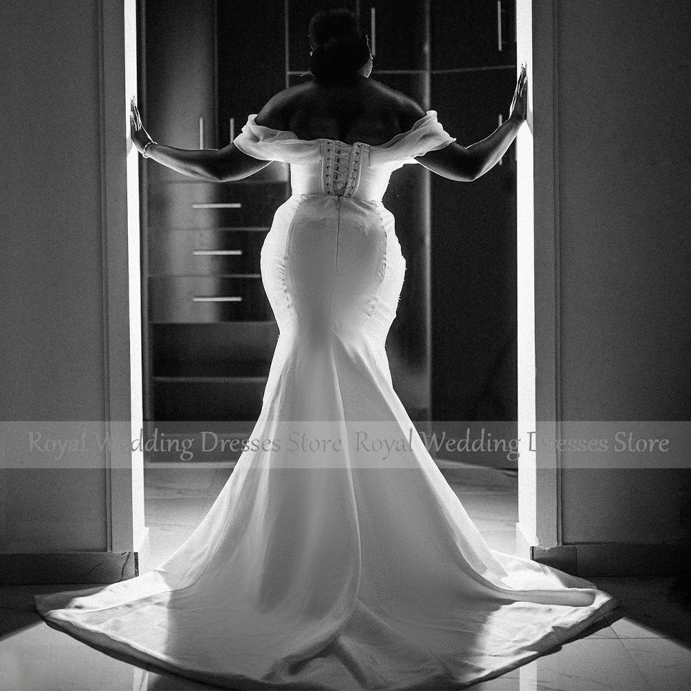 Mermaid Wedding Dress off the Shoulder White Satin Simple  Gowns Long Sleeveless Sweetheart African Bridal Dresses 2023