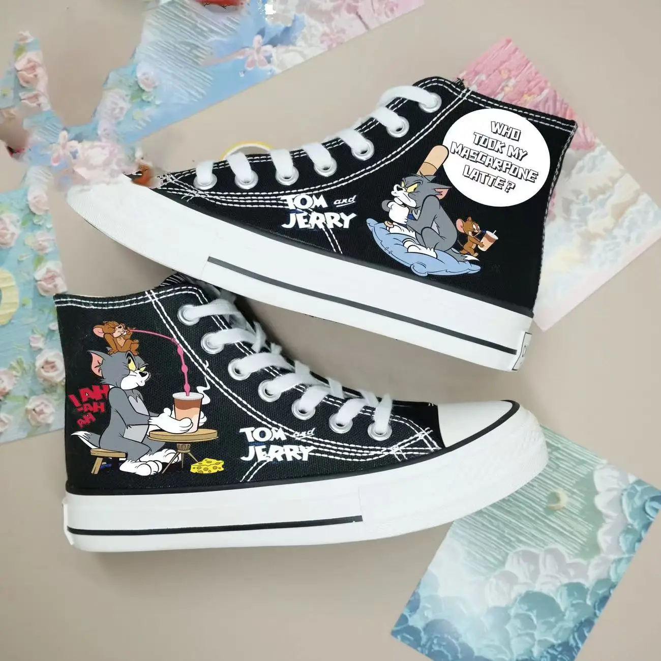 Tom and Jerry drop shipping Canvas Shoes Women's plus cat and mouse Student Couple high-top real photo black man board shoes