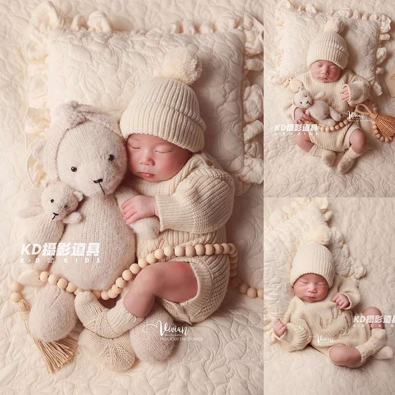 

Newborn Knit Outfit Set with Socks &Pompom Hat, 3-Piece Baby Loungewear Unisex Infant Romper Jumpsuit Bear Doll Photography Prop