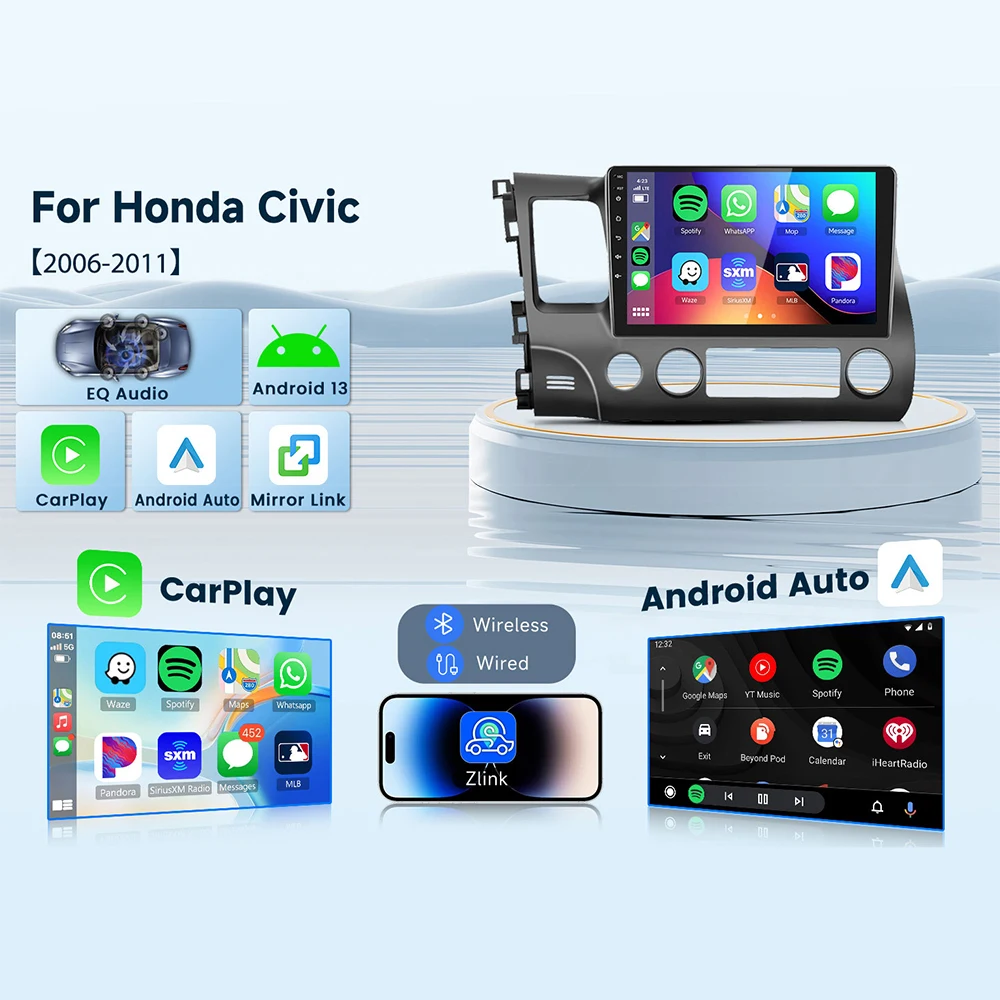 

For Honda Civic 2006-2011 Android Car Navigation 10.1 Inch 2GB 64GB Wireless Carplay Bluetooth FM