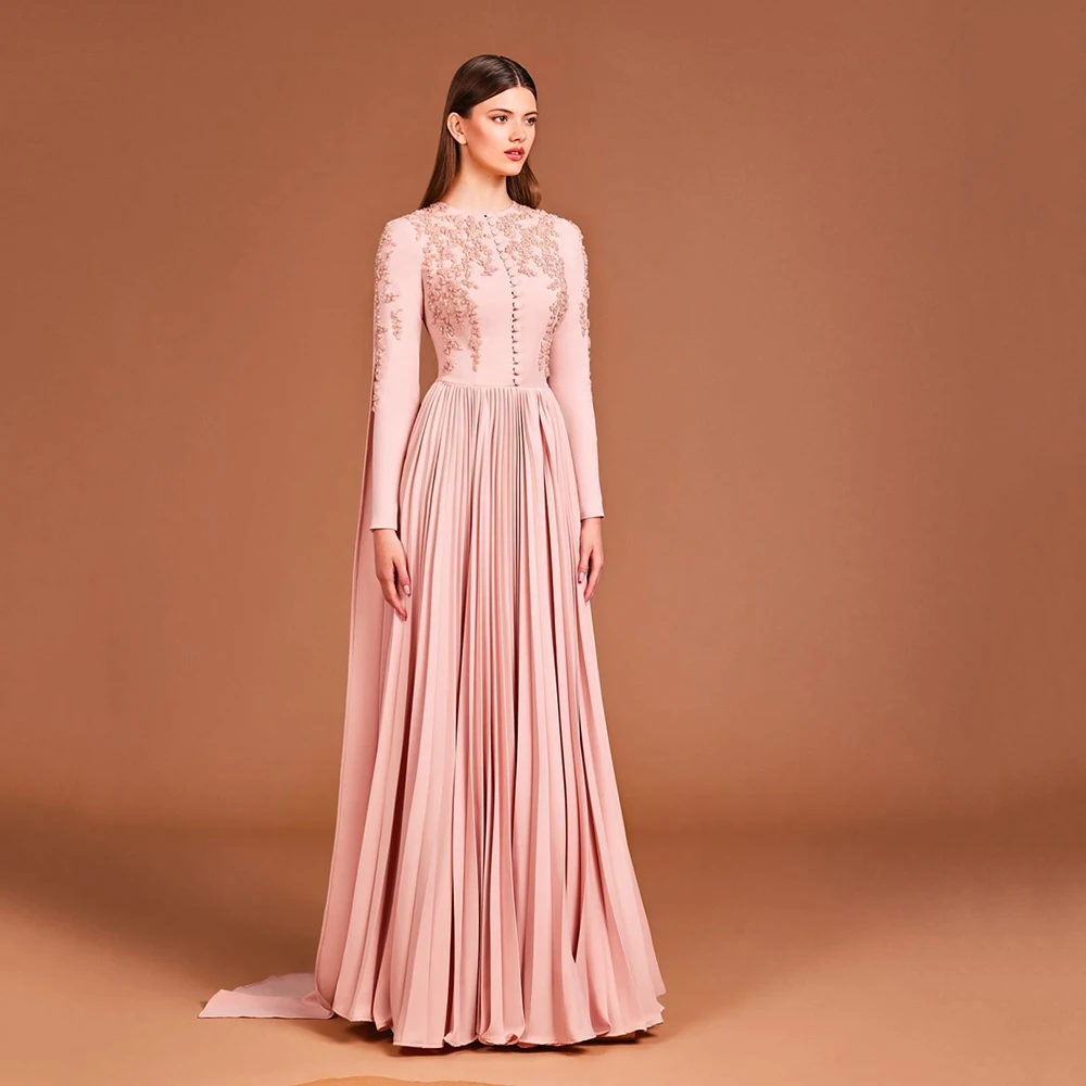 

Customized Pink Jersey O-neck A-line Evening Dress Full Sleeves Appliques Draped Sweep Train Zipper Floor Length Party Prom Gown