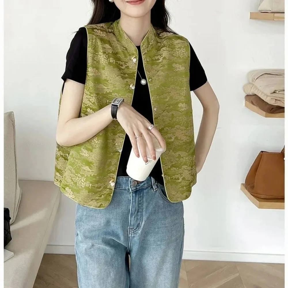 

New Chinese Sle Double-Sided Embroidery Vest Thin Summer Women's Jaet Reversible Two-Way Wear Polyester Fiber 00%