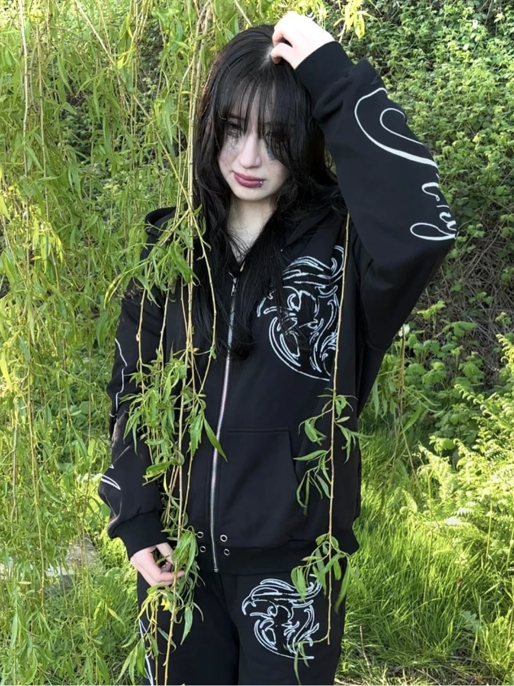 

Уличная мода комплект из двух предметов готический панк буквенный узор комплект брюк с принтом хип-хоп ретро толстовка на молнии Y2K осень и зима