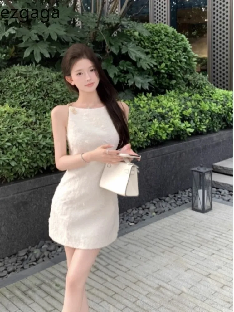 Ezgaga Dresses Women Elegant Sleeveless Flowers Summer New Fashion Mini Dress Party Sexy Ladies Temperament Vintage Chic