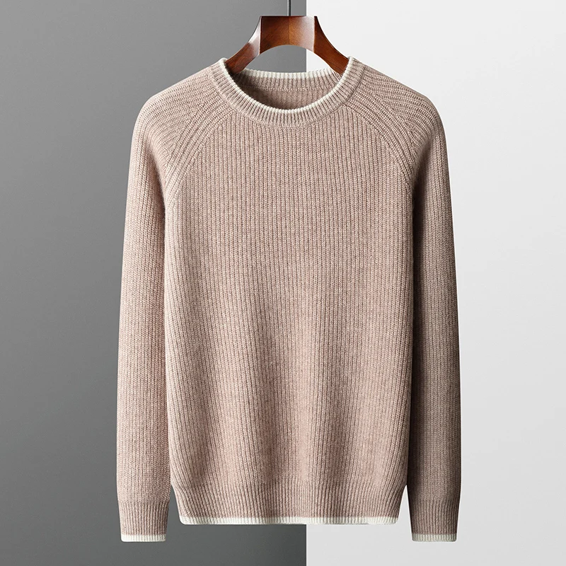 Autumn and winter new men\'s 100% Merino wool O neck loose and thick pullover color blocked cashmere sweater casual business top