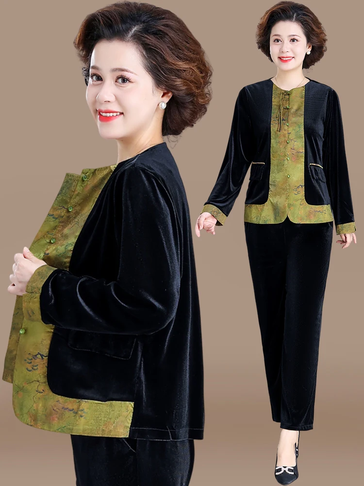 

Faionable Velvet Set for Middle-Aged Mothers Spring Autumn Ele Top And Bot Korean Sle Loose Fit Button Detail