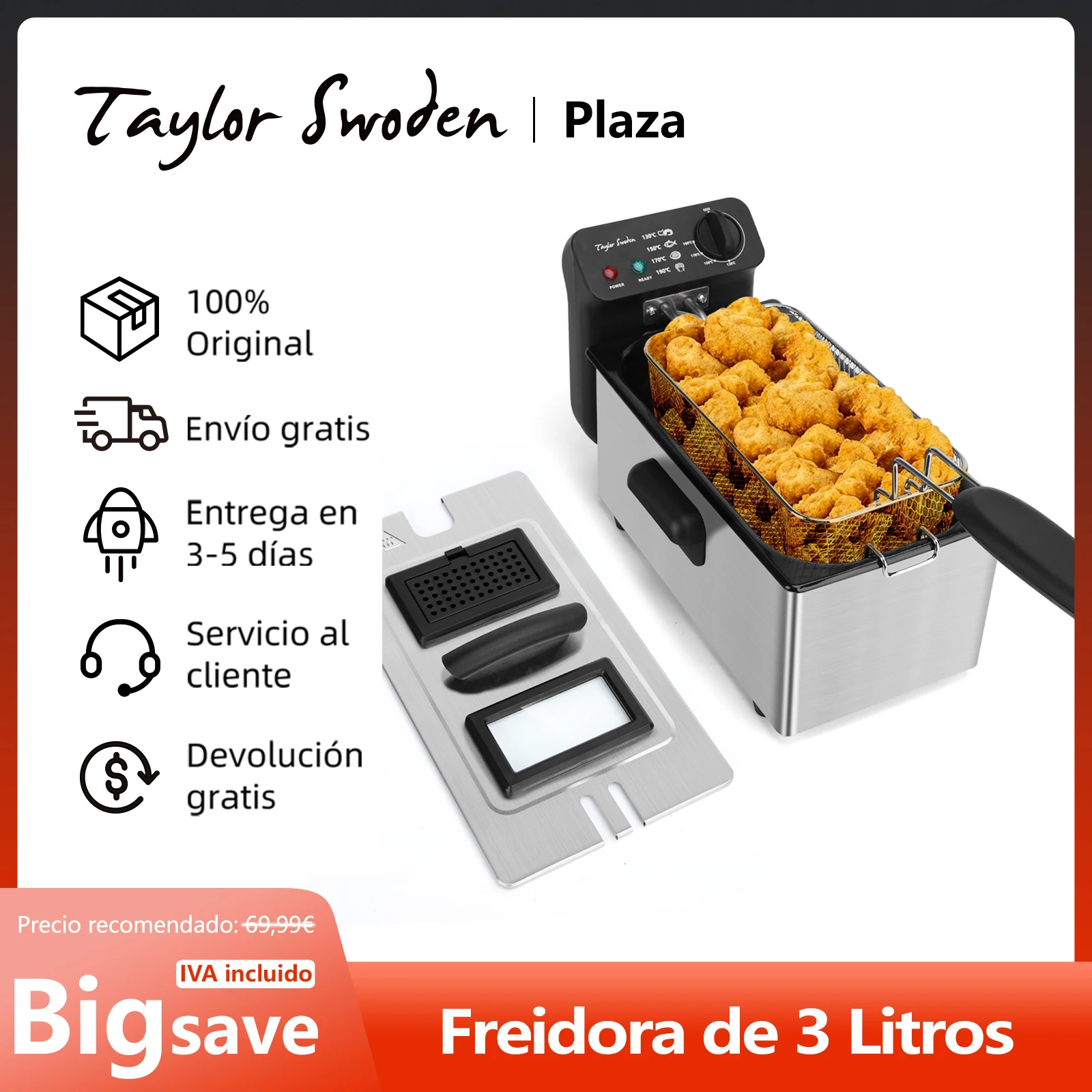 Freidora de 3L, 2200 W, Tapa con Ventana de Visualización, Termostato Ajustable, Acero Inoxidable 304 y Recipiente Extraíble