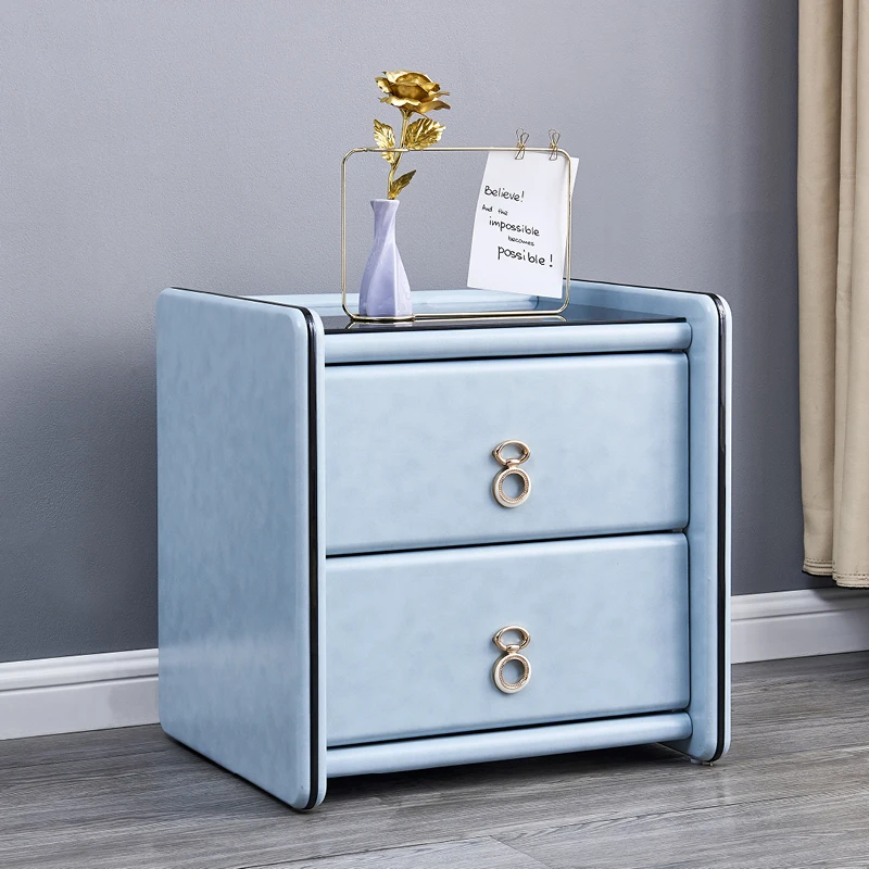 XL Bedside Table Soft Leather Locker Storage Cabinet Tempered Glass Surface Bedside Cabinet