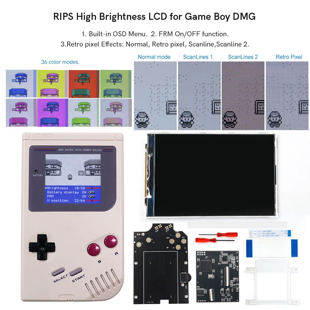 

Hispeedido 36 Colorful Models Full Size RIPS Backlight Backlit LCD set For GameBoy DMG GB Original Console GBO IPS LCD