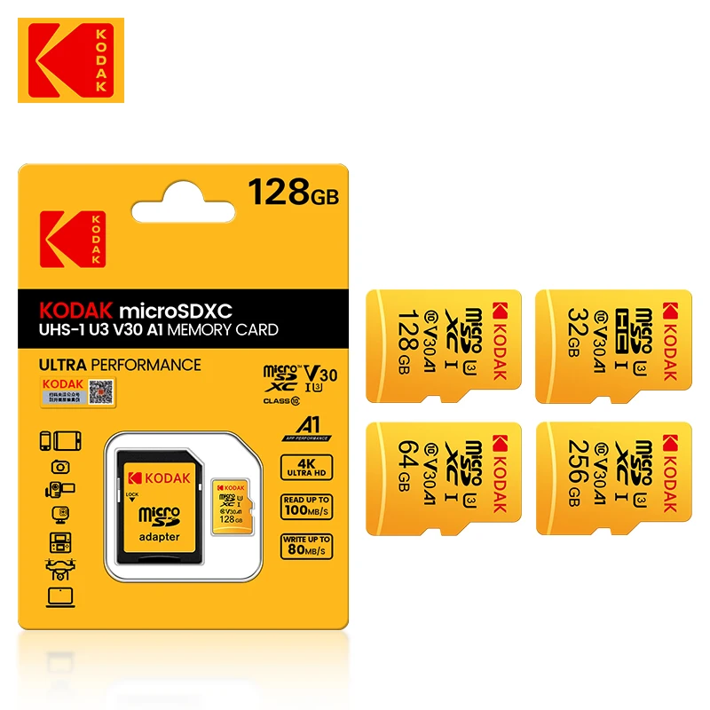 Оригинальная карта памяти Kodak microSD 128 ГБ 256 ГБ U3 4K Micro SD карта 64 ГБ 32 ГБ A1 SDHC Microsd UHS-I C10 TF Trans Flash Microsd