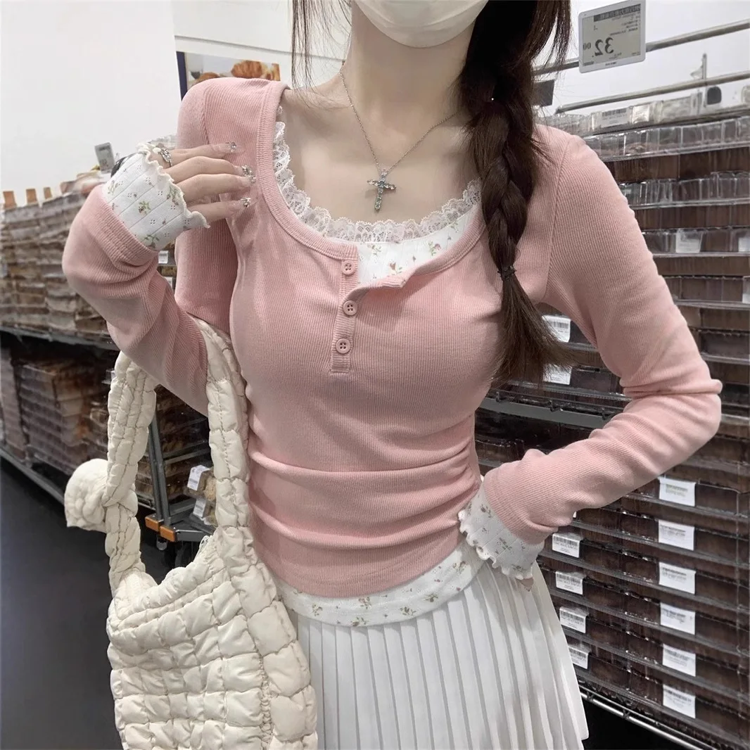 Koronkowy dwuczęściowy T-shirt z dekoltem w kształcie litery U i długim rękawem Damski wiosenno-jesienny Slim Fit Kwiatowy patchwork Słodki mniejszościowy Basewear Krótki top