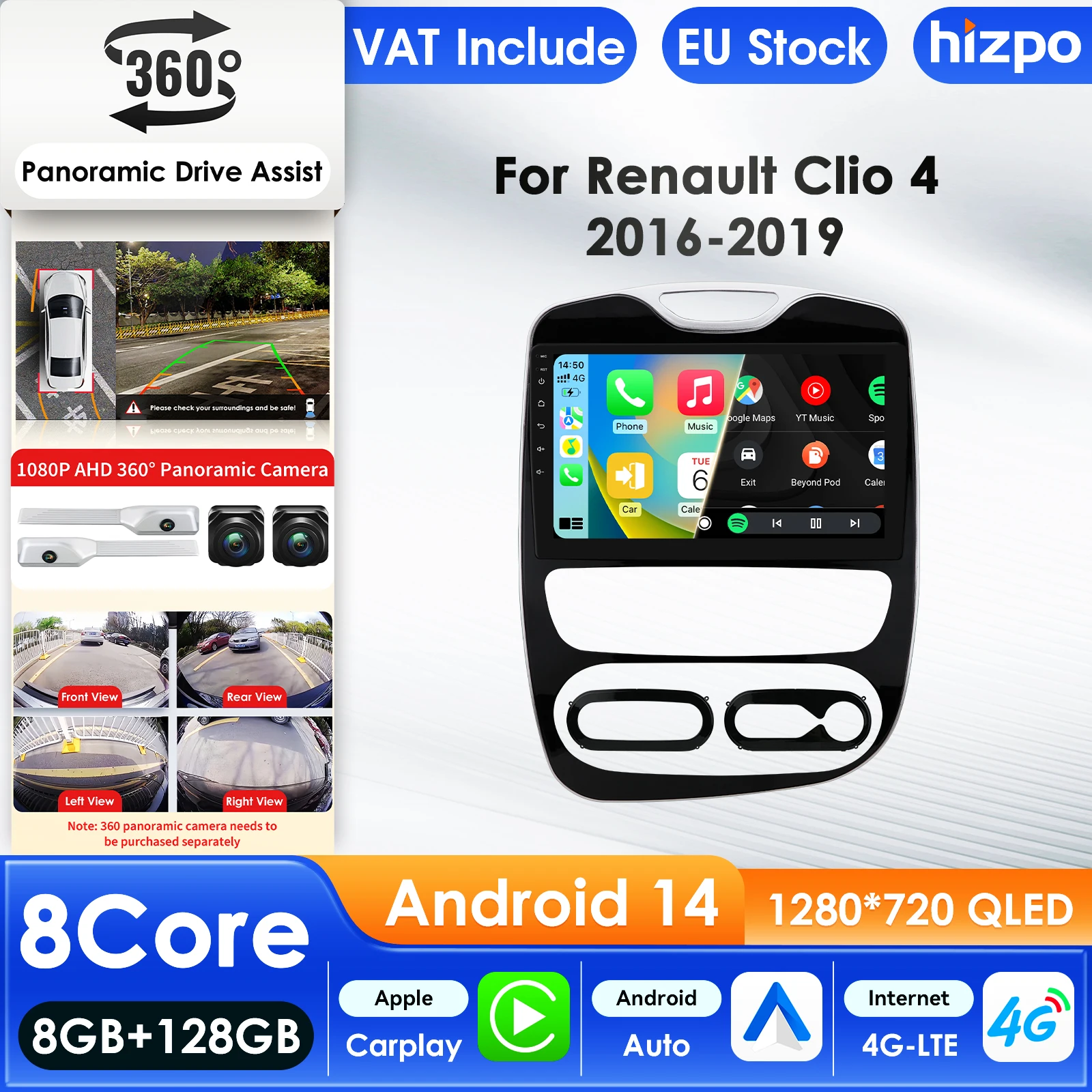 Hizpo 10.1 Carplay 4G AI Sistema di Autoradio per Renault Clio 4 2016 -2019 Lettore Video Multimediale Autoradio Autoradio 360 Camera