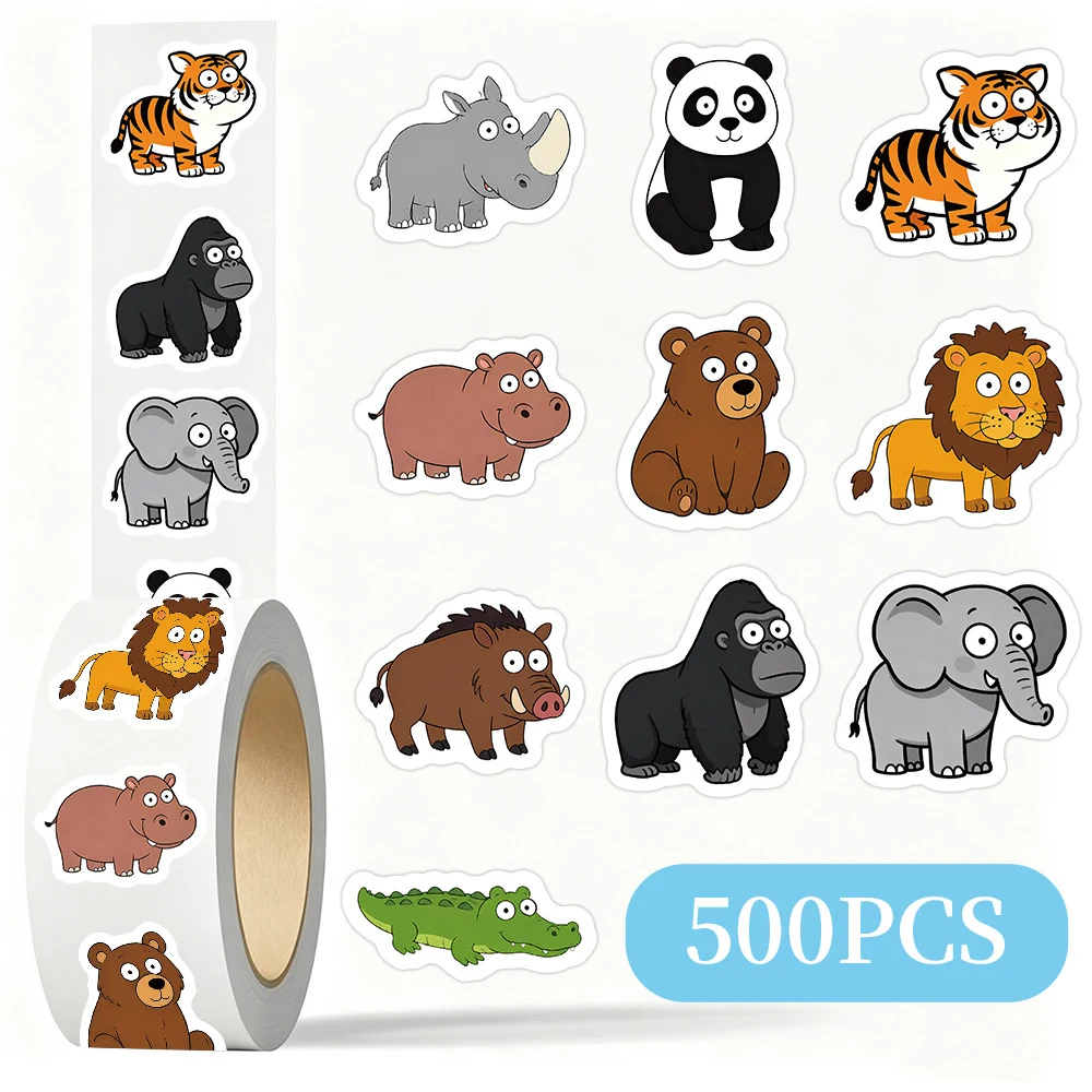 500pcs/Roll Funny Cute Cartoon Animal Seal Sticker Label DIY Phone Luggage Guitar Waterproof Kawaii Panda Lion Decoration Decals