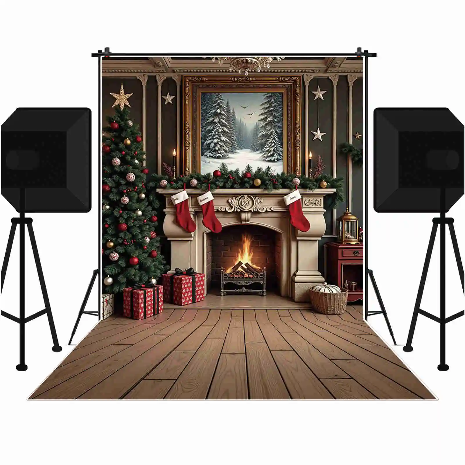 Toile de fond de Noël pour la photographie, cheminée en brique, cadeau, grand arbre, arrière-plan photo, studio photo, accessoires de photocall, 2025, 2024