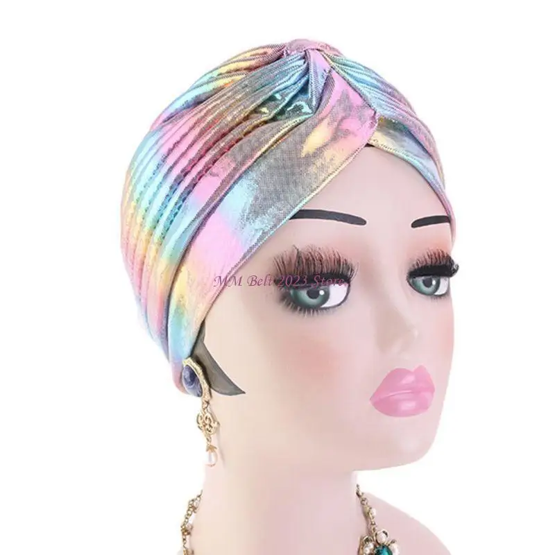 49me-女性レインボーメタリックアラブターバン帽子ツイストフロントプリーツ-headwrap-グリッタービーニーイスラム教徒ヒジャーブ脱毛化学療法キャップ