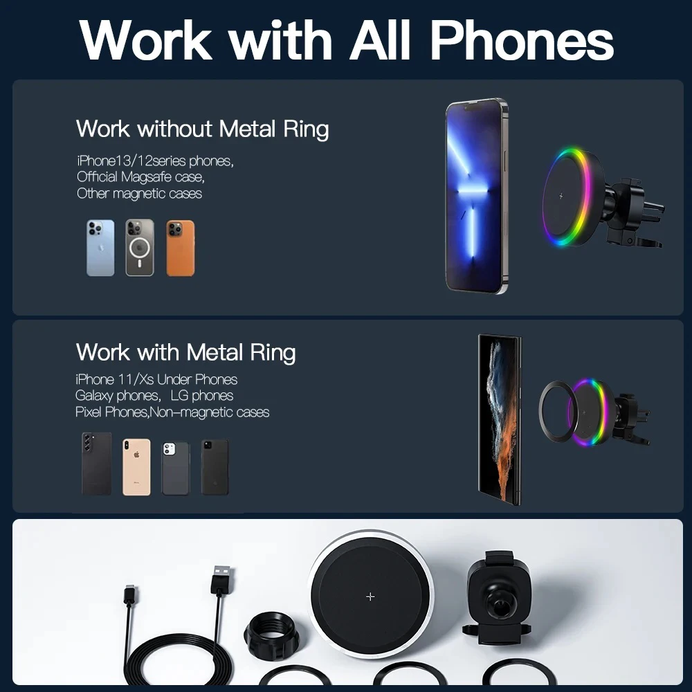 حامل سيارة شحن لاسلكي مغناطيسي RGB ، حامل هاتف للملاحة سريع قابل للنفخ للسيارة ، حامل عالمي ، 15 واط #5