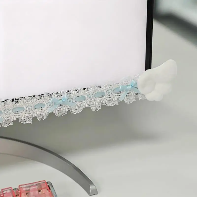 Screen Decor Color Lace Monitor Trim with Soft Plush Angel Wings Sweet Aesthetic for Home Office Desktop Decoration Cute Screen