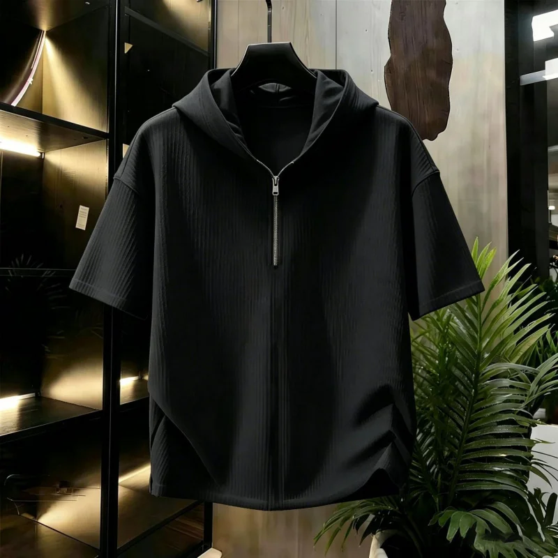 2026Summer new half-zip short-sleeve hooded top for men, textured casual loose-fit sports short-sleeve TShirt2026 New Summer Men