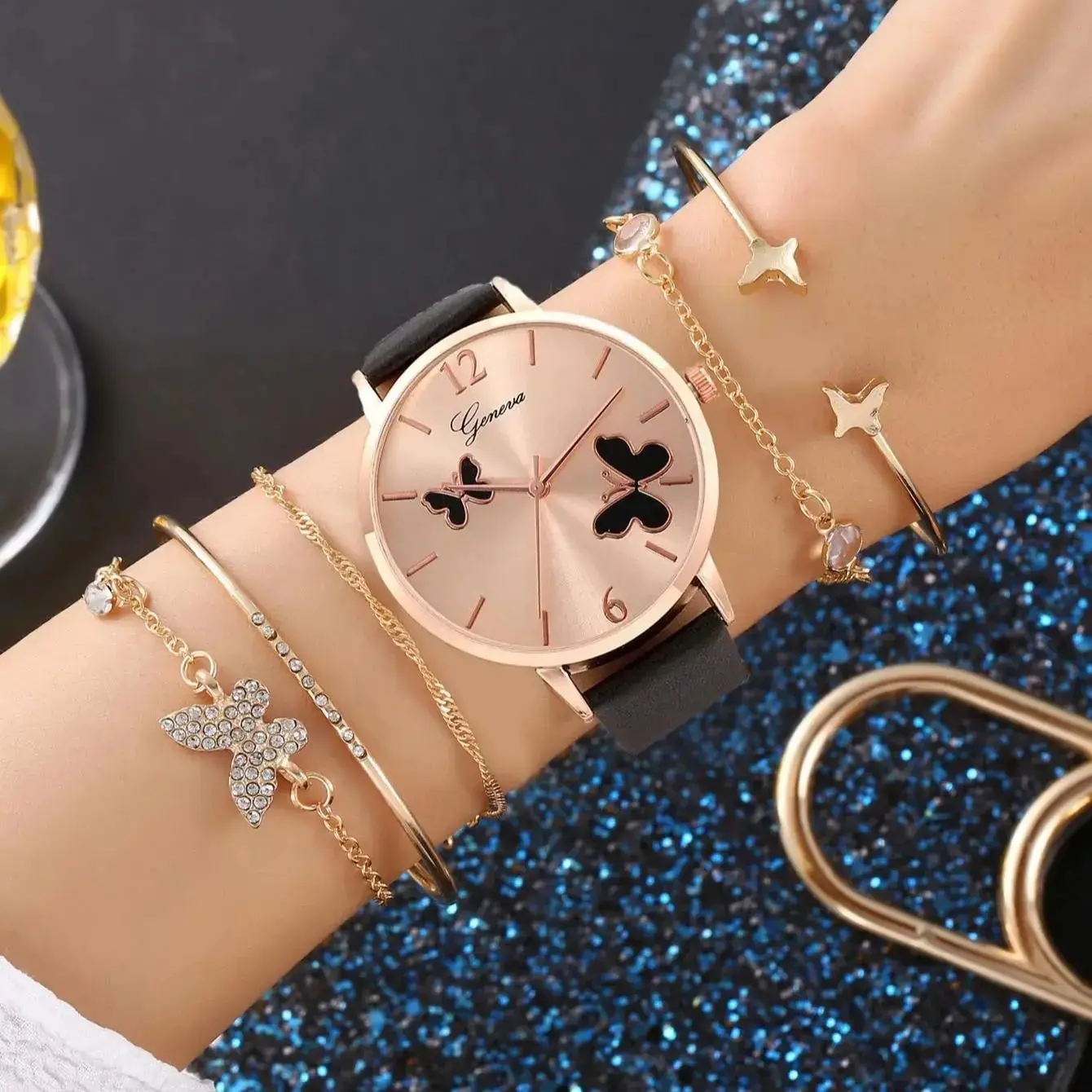 Six-piece High-end Leather Disc Cute Watch Set For Girls