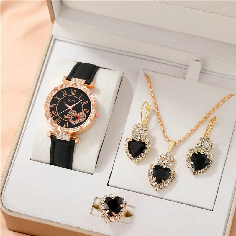 Kegllect-reloj de cuarzo redondo para mujer, conjunto de pulsera y joyería analógica con diamantes de imitación, elegante, sin caja, 5 piezas
