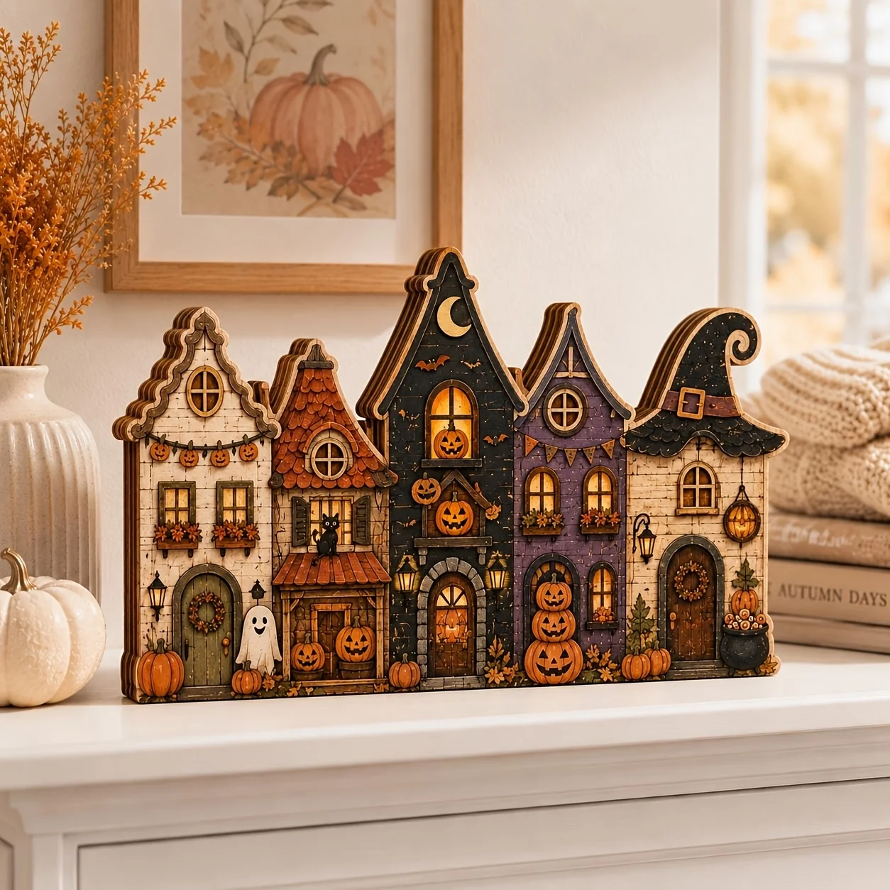 Multi layer retro wooden village sign - suitable for Halloween, Christmas, Easter desktop decoration, including pumpkin house