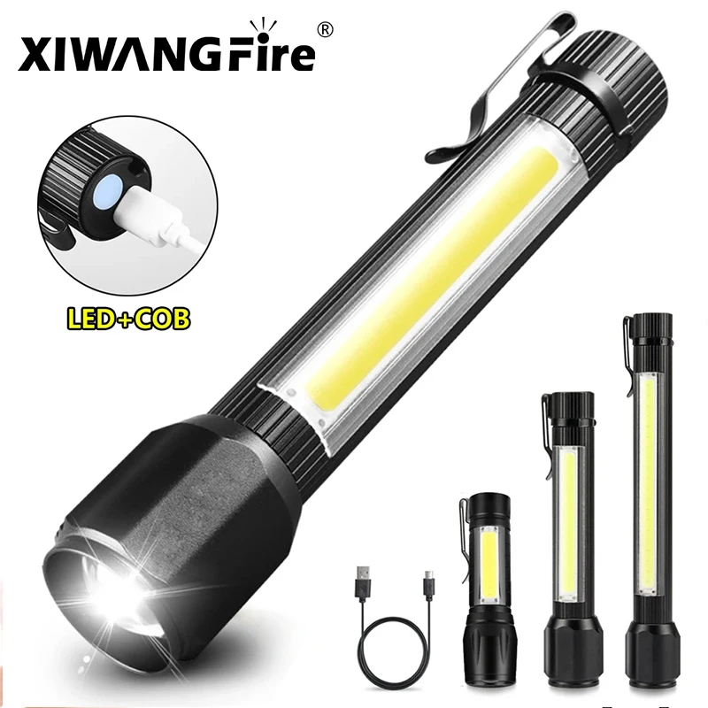 Super Bright LED Flashlight COB Work Light 3 Modes USB Rechargeable Torch Camping Lantern with Hook Waterproof Flash Lights