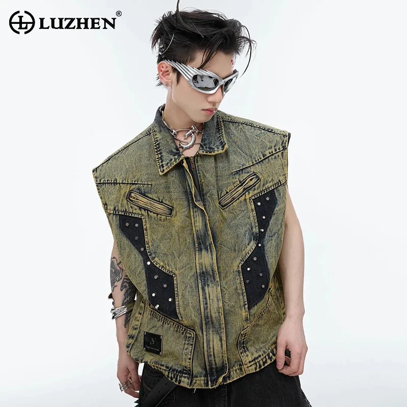 

LUZHEN Personalized Stylish Patchwork Wornout Design Denim Sleeveless Vest Trendy 2024 StreeT Wear High Men's Waistcoat LZ4672